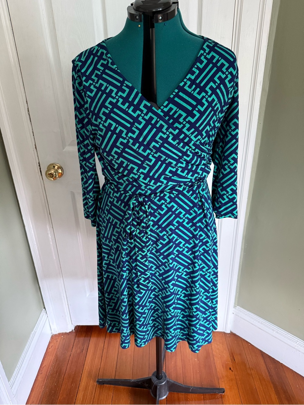 41 Hawthorn Geometric Wrap Top Midi Dress in Teal and Navy